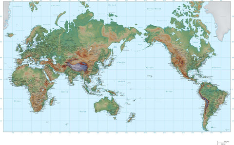 35 x 22 Inch Poster Size World Map - Asia Centered - High Detail plus Color Terrain - Mercator projection