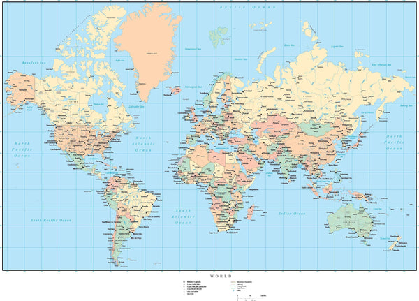 World Vector Map - Europe Centered with US States & Canadian Provinces