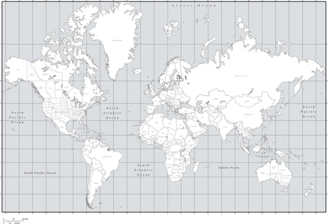 Black & White World Map with Countries US States and Canadian Provinces