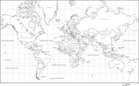 World Black & White Map with Country Names in German