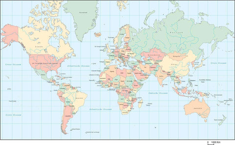 World Map - Multi Color with Country Names in Dutch