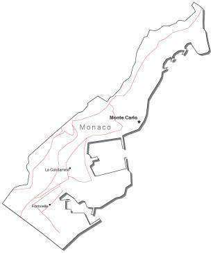 Monaco Black & White Map with Capital Major Cities and Roads