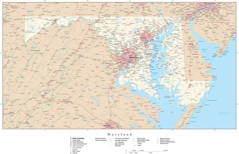 Detailed Maryland Digital Map with County Boundaries, Cities, Highways, and more