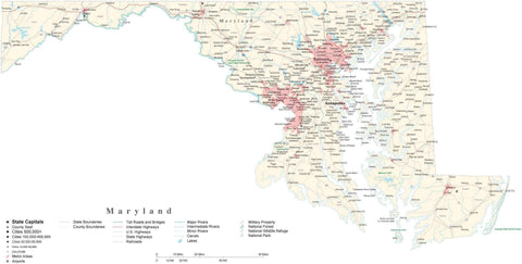 Detailed Maryland Cut-Out Style Digital Map with County Boundaries, Cities, Highways, and more