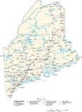 Maine Map - Cut Out Style - with Capital, County Boundaries, Cities, Roads, and Water Features