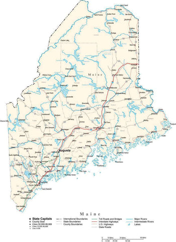 Maine Map - Cut Out Style - with Capital, County Boundaries, Cities, Roads, and Water Features