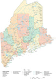 Detailed Maine Cut-Out Style Digital Map with Counties, Cities, Highways, and more