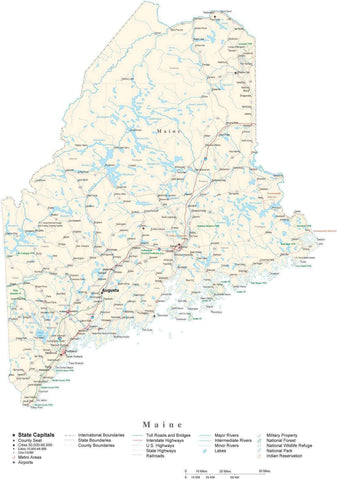 Detailed Maine Cut-Out Style Digital Map with County Boundaries, Cities, Highways, and more