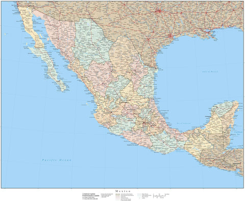 Mexico Map - 18 x 22 Inches - High Detail with States
