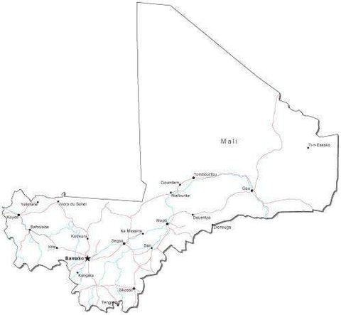 Mali Black & White Map with Capital, Major Cities, Roads, and Water Features