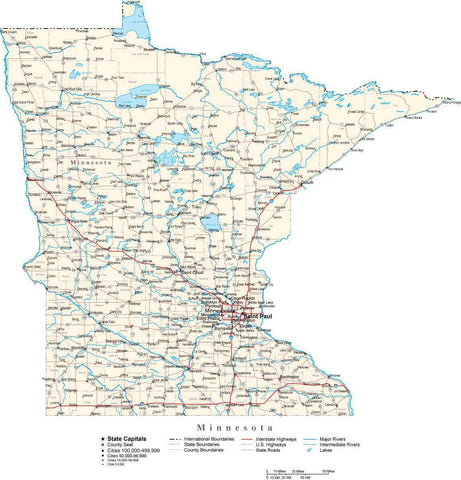 Minnesota Map - Cut Out Style - with Capital, County Boundaries, Cities, Roads, and Water Features