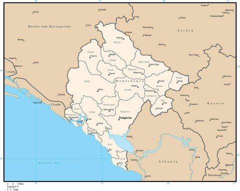 Montenegro Digital Vector Map with Municipalities and Cities