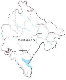 Montenegro Black & White Map with Capital, Major Cities, Roads, and Water Features