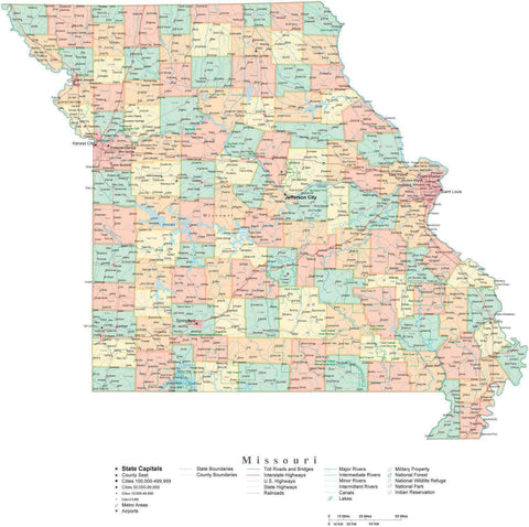 Detailed Missouri Cut-Out Style Digital Map with Counties, Cities, Highways, and more