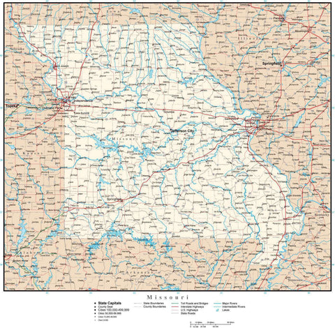Missouri Map with Capital, County Boundaries, Cities, Roads, and Water Features