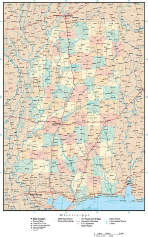 Mississippi Map with Counties, Cities, County Seats, Major Roads, Rivers and Lakes