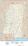 Mississippi Map with Capital, County Boundaries, Cities, Roads, and Water Features