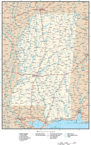 Mississippi Map with Capital, County Boundaries, Cities, Roads, and Water Features