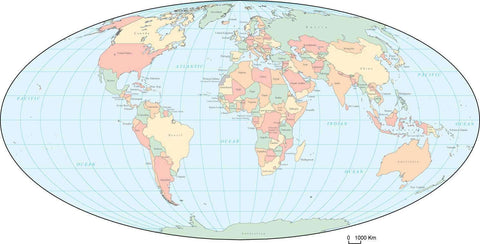 Digital World Map Euro Center, with Countries - Multi-Color
