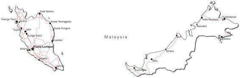 Malaysia Black & White Map with Capital, Major Cities, Roads, and Water Features