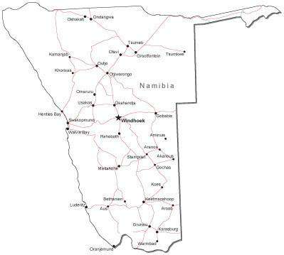 Namibia Black & White Map with Capital, Major Cities, Roads, and Water Features