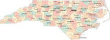 Multi Color North Carolina Map with Counties, Capitals, and Major Cities
