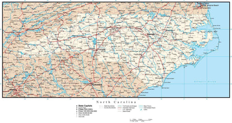 North Carolina Map with Capital, County Boundaries, Cities, Roads, and Water Features