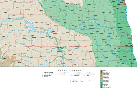 North Dakota Map with Contour Background - Cut Out Style