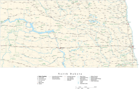 Detailed North Dakota Cut-Out Style Digital Map with County Boundaries, Cities, Highways, and more