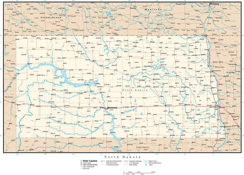 North Dakota Map with Capital, County Boundaries, Cities, Roads, and Water Features