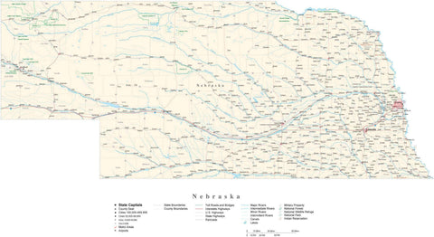 Detailed Nebraska Cut-Out Style Digital Map with County Boundaries, Cities, Highways, and more