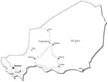 Niger Black & White Map with Capital, Major Cities, Roads, and Water Features