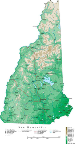New Hampshire Map with Contour Background - Cut Out Style