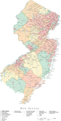 Detailed New Jersey Cut-Out Style Digital Map with Counties, Cities, Highways, and more