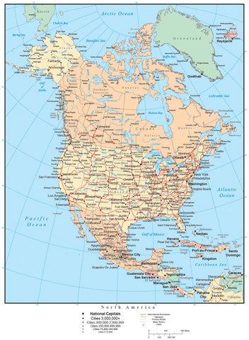 North America Map with US States, Canadian Provinces, Mexican States, Major Cities, Roads, Rivers and Lakes