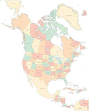 Digital North America Map with US States & Canadian Provinces - Multi-Color