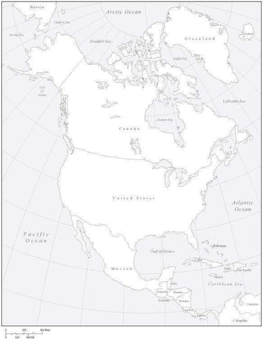 Digital North America Map - Black & White with Grayscale Ocean Fill