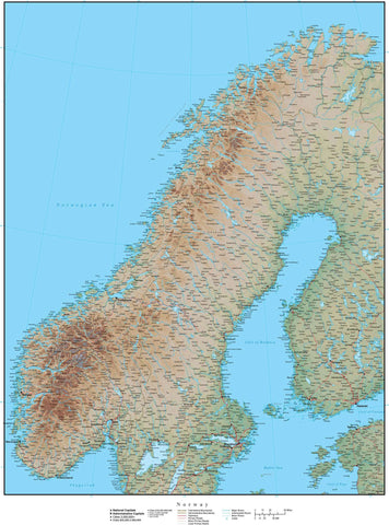High Detail Norway Map Plus Terrain - 22 inches by 17 inches
