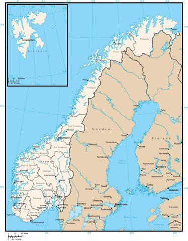 Norway Digital Vector Map with Administrative Areas and Capitals