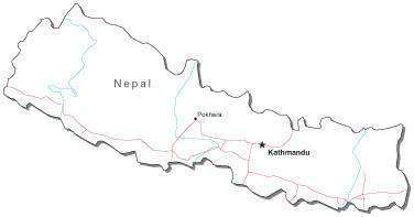 Nepal Black & White Map with Capital Major Cities and Roads