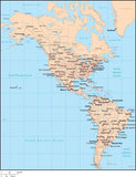 Single Color North and South America Map with Countries, Capitals, Major Cities and Water Features