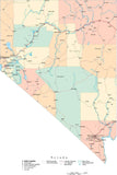Nevada State Map - Multi-Color Cut-Out Style - with Counties, Cities, County Seats, Major Roads, Rivers and Lakes