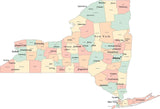 Multi Color New York State Map with Counties, Capitals, and Major Cities