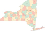 Multi Color New York State Map with Counties and County Names