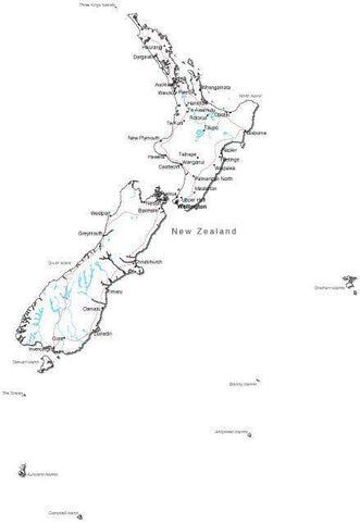New Zealand Black & White Map with Capital, Major Cities, Roads, and Water Features