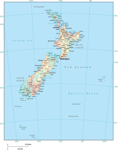 New Zealand Map with Internal Political Boundaries