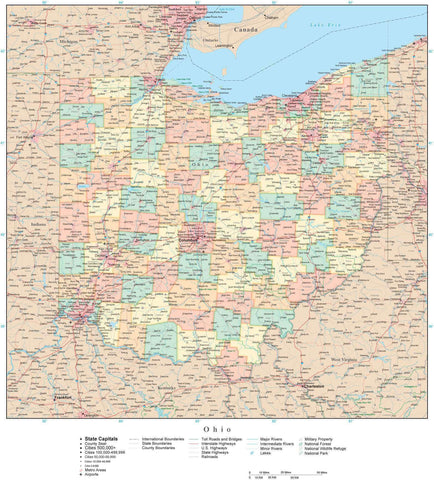 Detailed Ohio Digital Map with Counties, Cities, Highways, Railroads, Airports, and more