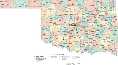 Oklahoma State Map - Multi-Color Cut-Out Style - with Counties, Cities, County Seats, Major Roads, Rivers and Lakes
