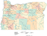 Oregon State Map - Multi-Color Cut-Out Style - with Counties, Cities, County Seats, Major Roads, Rivers and Lakes