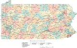 Pennsylvania State Map - Multi-Color Cut-Out Style - with Counties, Cities, County Seats, Major Roads, Rivers and Lakes